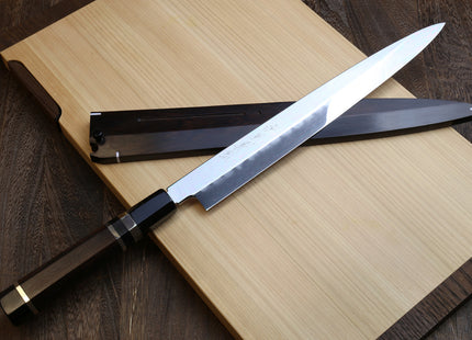 Yoshihiro Mizu Honyaki White Steel #1 Two Sided Mirror-Finished Namiukashi Yanagi Premium Triple Nickel Silver Ring Ebony Handle - IKEDA UNKAI Limited Edition