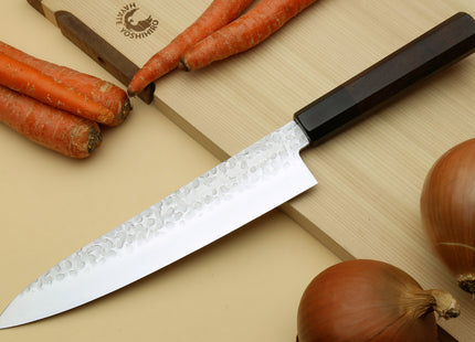 Yoshihiro Super Blue Steel Stainless Clad Hammered Gyuto Chefs Knife Rosewood Handle