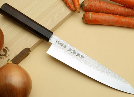 Yoshihiro Super Blue Steel Stainless Clad Hammered Gyuto Chefs Knife Rosewood Handle