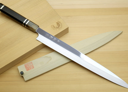 Yoshihiro SVG-10 Semi-Stainless Steel Mirror Finished Yanagi Sushi Sashimi Japanese Knife Triple Ring Handle with Water Buffalo Horn Bolster