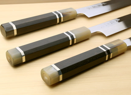Yoshihiro SVG-10 Semi-Stainless Steel Mirror Finished Yanagi Sushi Sashimi Japanese Knife Triple Ring Handle with Water Buffalo Horn Bolster