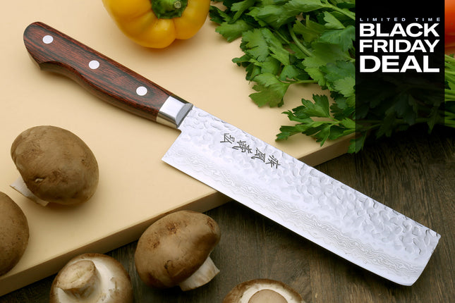 (BF Sale) Yoshihiro VG-10 16 Layer Hammered Damascus Stainless Steel Nakiri Vegetable Knife (Blade Length 6.5" (165mm))