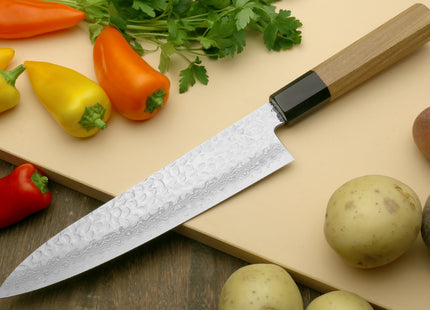 Yoshihiro VG-10 46 Layers Hammered Damascus Gyuto Japanese Chefs Knife (Octagonal Ambrosia Handle)