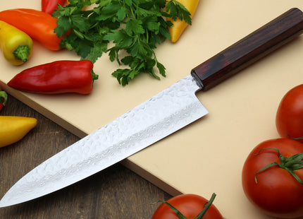 Yoshihiro VG-10 46 Layers Hammered Damascus Gyuto Japanese Chefs Knife (Octagonal Shitan Rosewood Handle)