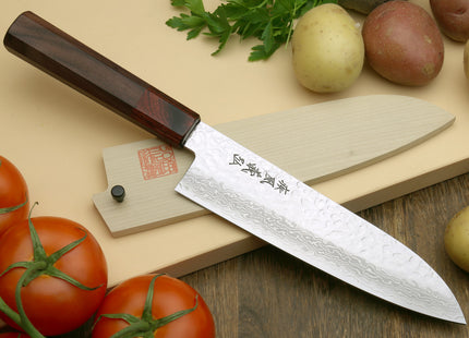Yoshihiro VG-10 46 Layers Hammered Damascus Santoku Japanese Multipurpose Knife (Octagonal Shitan Rosewood)