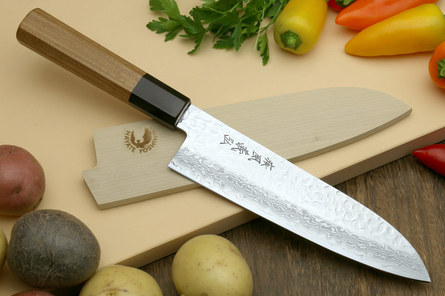 Yoshihiro VG-10 46 Layers Hammered Damascus Santoku Knife Japanese Multipurpose Chef Knife (Octagonal Ambrosia Handle)