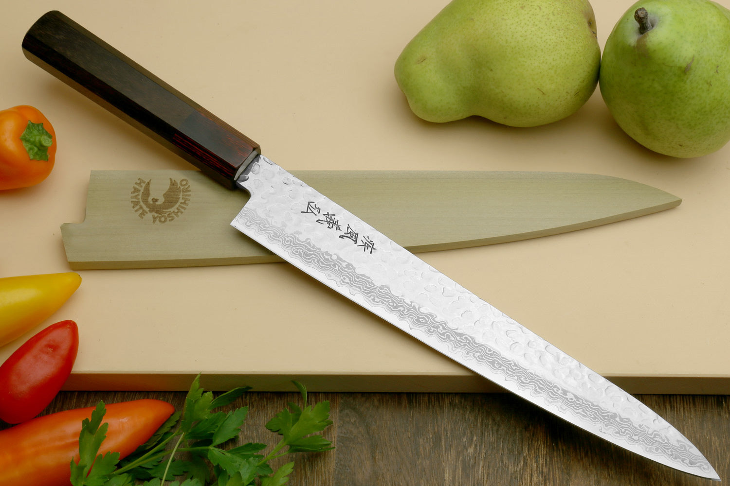 Yoshihiro VG-10 46 Layers Hammered Damascus Sujihiki Japanese Slicer Knife (Octagonal Rosewood Handle) (9.5" (240mm))
