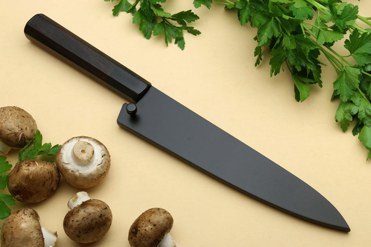 Stainless clad petty utility knife with dark rosewood handle and saya cover