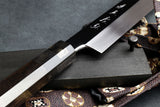 Yoshihiro Mizu Yaki Honyaki Aoko Blue High Carbon Steel Mirror Finished Yanagi Sashimi Japanese Knife (Ebony Handle) with Lacquered Saya Knife cover