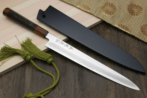 Yoshihiro Hiryu Ginsan High Carbon Stainless Steel Sujihiki Slicer Knife Ebony Handle with Nuri Saya Cover