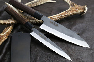 Yoshihiro Black Finish Blue Steel #2 Kurouchi Santoku and Petty Japanese Chef Knife with Nuri Saya Cover SET (D-Shape Shitan Handle)