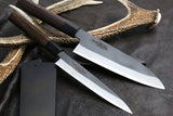 Yoshihiro Black Finish Blue Steel #2 Kurouchi Santoku and Petty Japanese Chef Knife with Nuri Saya Cover SET (D-Shape Shitan Handle)