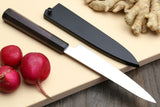 Yoshihiro Inox Honyaki Stain Resistant Steel Wa Petty 6" Utility knife Rosewood Handle with Lacquered Magnolia Wood Saya Cover