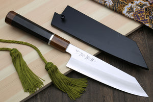 Yoshihiro Hiryu Ginsan High Carbon Stainless Steel Kiritsuke Multipurpose Knife Silver Ring Ebony Handle with Nuri Saya Cover
