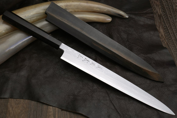 Yoshihiro Suminagashi Blue Steel #1 Yanagi Sushi Sashimi Japanese Knife Ebony Handle