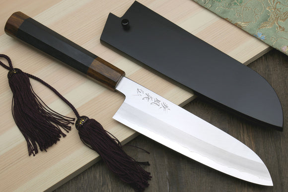 Yoshihiro Hiryu Ginsan High Carbon Stainless Steel Santoku Multipurpose Knife Ebony Handle with Nuri Saya Cover
