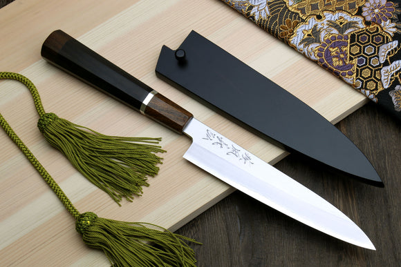 Yoshihiro Hiryu Ginsan High Carbon Stainless Steel Petty Utility Knife Silver Ring Ebony Handle with Nuri Saya Cover