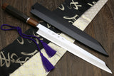 Yoshihiro Ginsan Mirror Polished Stain Resistant Steel Yanagi Kiritsuke Sushi Sashimi Japanese Knife Ebony Handle with Silver Ring