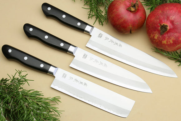 Yoshihiro VG-10 Gold Stainless Steel 3PC Knife Set (Santoku 7 in (180mm), Nakiri 6.5 in (165mm), Gyuto 8.25 in(210mm))