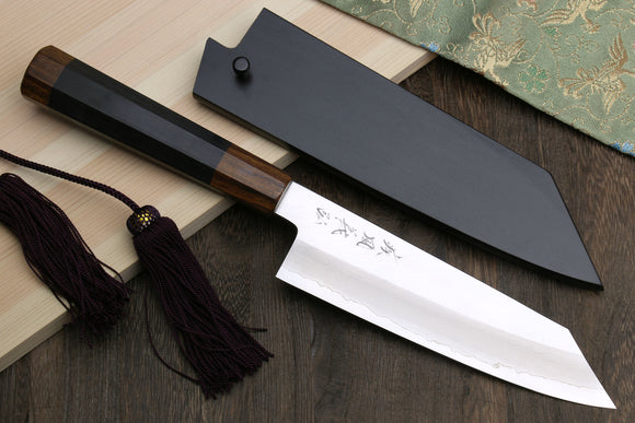Yoshihiro Hiryu Ginsan High Carbon Stainless Steel Kiritsuke Multipurpose Knife Ebony Handle with Nuri Saya Cover