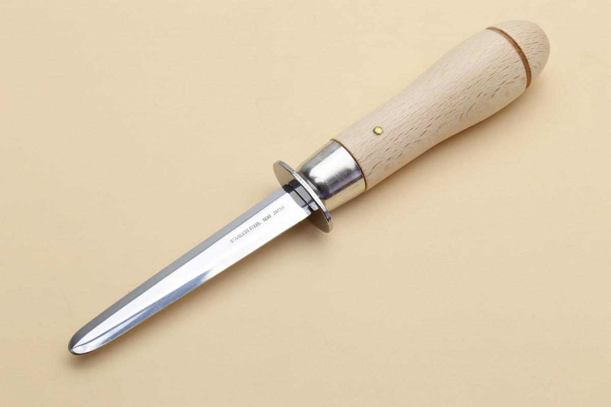 Oyster clam knife with light wood handle, polished metal guard, and tapered blade
