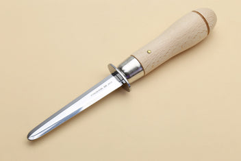 Oyster clam knife with light wood handle, polished metal guard, and tapered blade