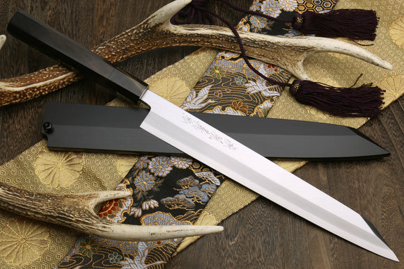 Yoshihiro High Speed Stainless Steel HAP40 Yanagi Kiritsuke Sashimi Knife Ebony Handle with Nuri Saya
