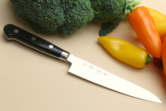 Yoshihiro High Speed Steel Petty 6'' (150mm) Utility Chefs Knife (Black Pakkawood Handle)