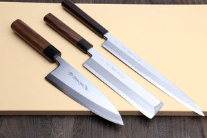 Yoshihiro Aoko Blue Steel Hongasumi Japanese chef Knife 3pc Set: Yanagi 270mm, Usuba 195mm, Deba 180mm Rosewood Handle