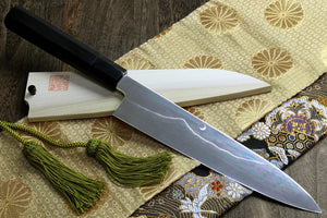 Yoshihiro Mizu Yaki Honyaki Mirror-Finished Mt. Fuji with Crescent Moon Gyuto Chefs Knife with Ebony Handle