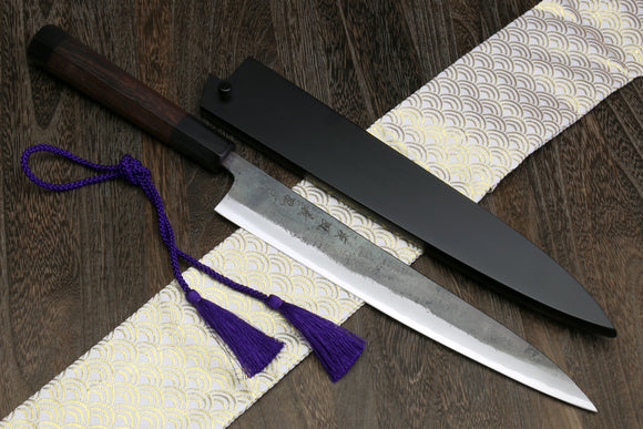 Yoshihiro Mizu Yaki Aogami Super Blue High Carbon Kurouchi Sujihiki Slicer Chef knife with Rosewood Handle