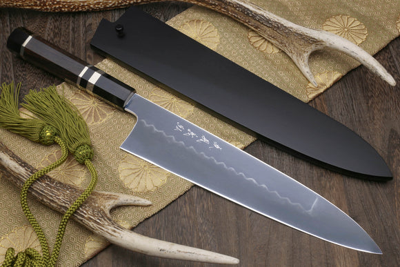 Yoshihiro Mizu Yaki Honyaki Shiroko White Steel #2 Mirror Polished Gyuto Japanese Chef Knife with Triple Nickel Silver Ring Ebony Handle