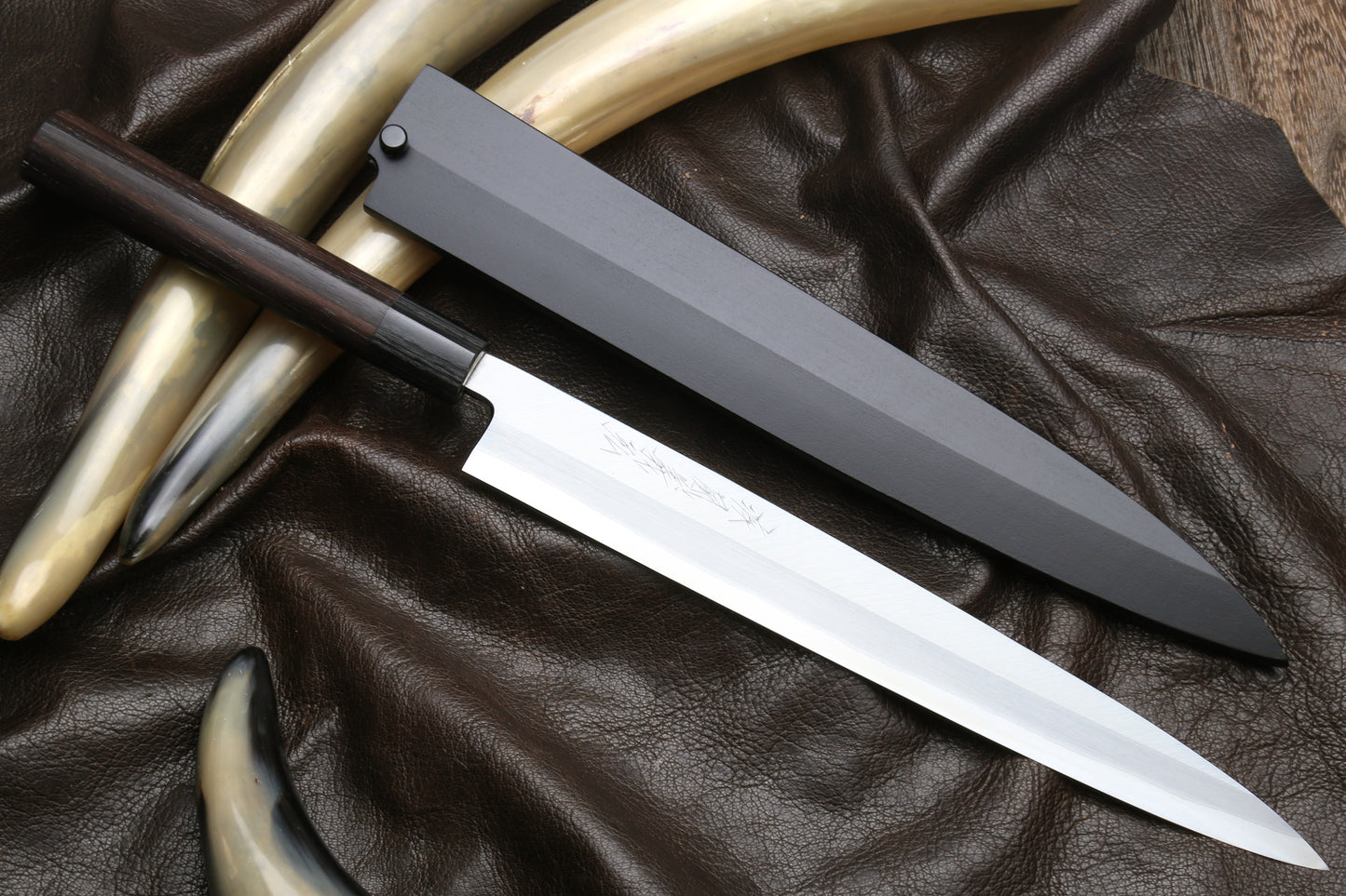 Yoshihiro S-Inox Stainless Steel Yanagi Sushi Sashimi Japanese Chef Knife Round Rosewood Handle with Nuri Saya Cover