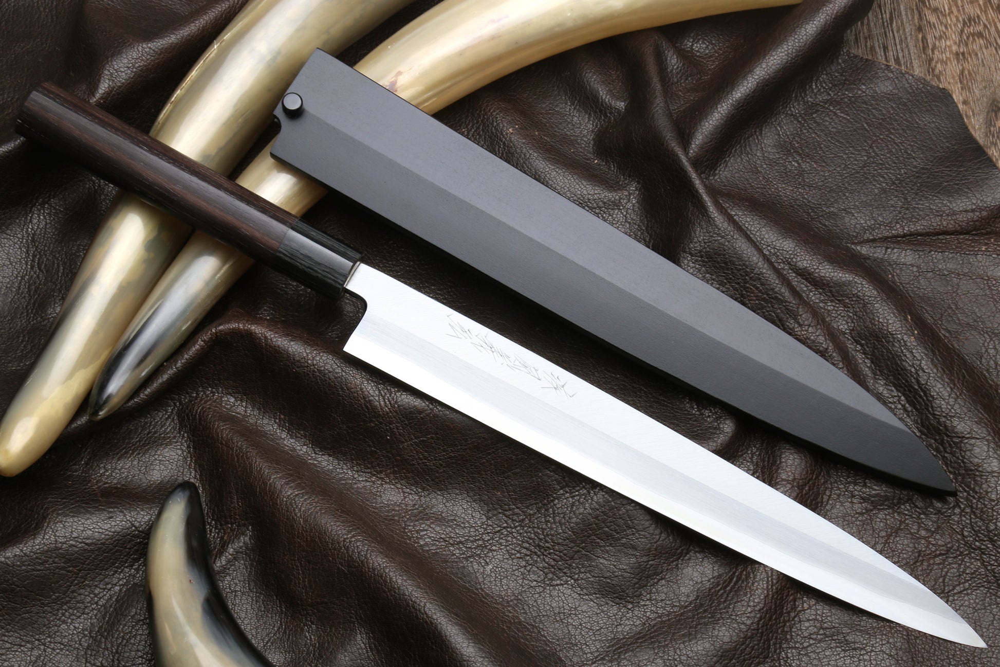 Yoshihiro S-Inox Stainless Steel Yanagi Sushi Sashimi Japanese Chef Knife Round Rosewood Handle with Nuri Saya Cover