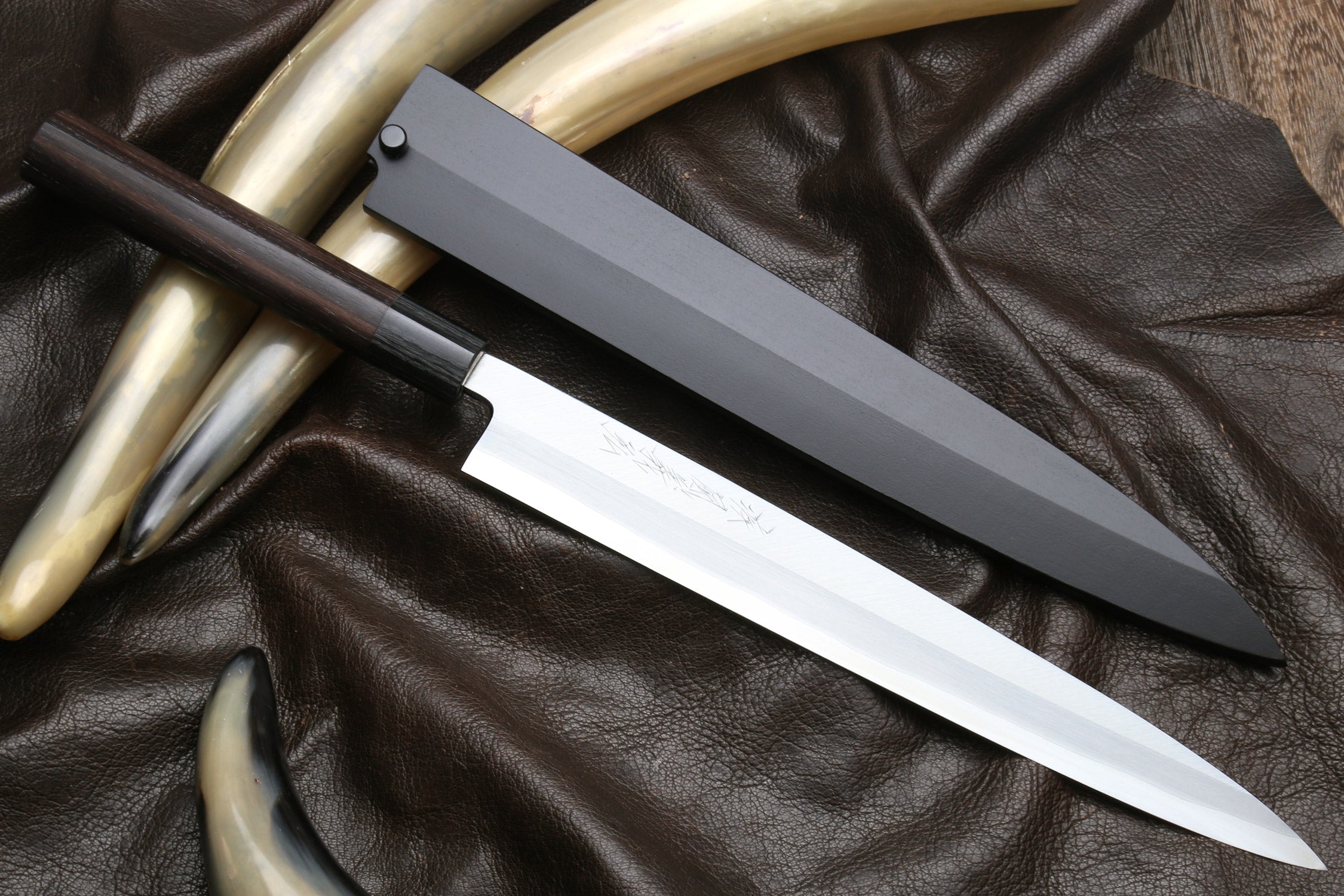 Yoshihiro S-Inox Stainless Steel Yanagi Sushi Sashimi Japanese Chef Knife Round Rosewood Handle with Nuri Saya Cover