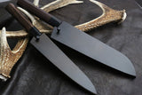 Yoshihiro Black Finish Blue Steel #2 Kurouchi Santoku and Petty Japanese Chef Knife with Nuri Saya Cover SET (D-Shape Shitan Handle)