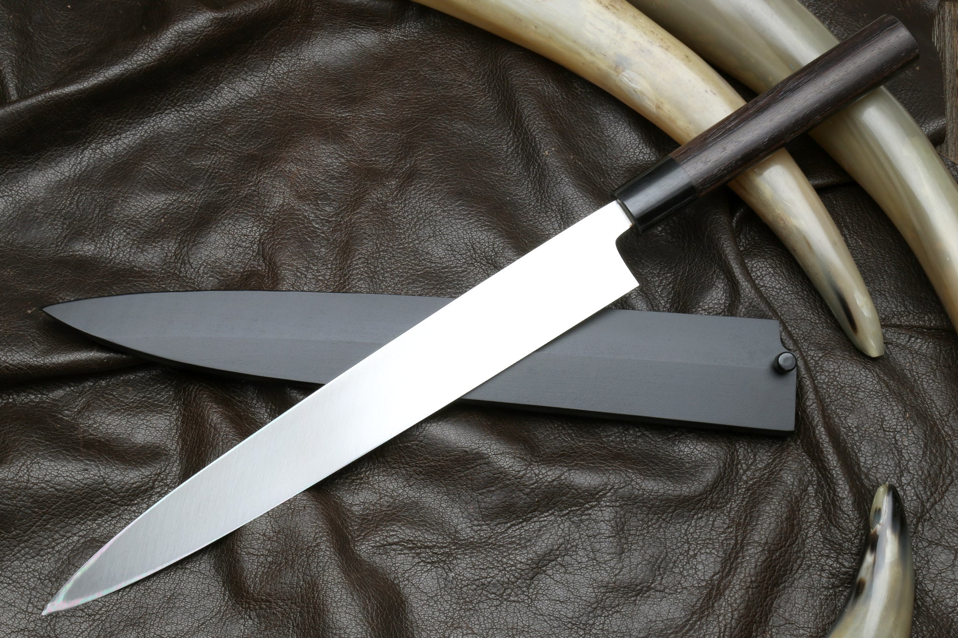 Yoshihiro Inox Stainless Steel Yanagi Sushi Sashimi Japanese Chef Knife Round Rosewood Handle with Nuri Saya Cover