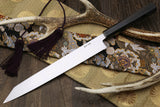 Yoshihiro High Speed Stainless Steel  Yanagi Kiritsuke Sashimi Knife Ebony Handle with Nuri Saya