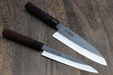 Yoshihiro Black Finish Blue Steel #2 Kurouchi Santoku and Petty Japanese Chef Knife with Nuri Saya Cover SET (D-Shape Shitan Handle)