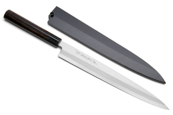 Yanagi sushi knife with stainless blade and matching saya cover, rosewood handle