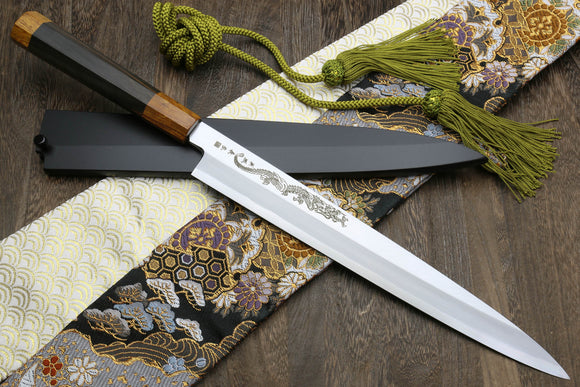 Yoshihiro Aonamiuchi Blue Steel #1 Yanagi Sushi Sashimi Japanese Knife Ryu Dragon Ebony Handle