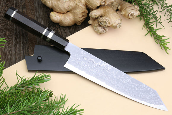 Yoshihiro Special Forged Suminagashi Mizu Yaki Aogami Blue Steel Gyuto Kiritsuke Triple Nickel Silver Ring Ebony Handle