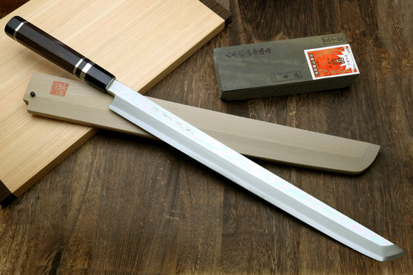 Yoshihiro Ginsanko Mirror Polished Stain Resistant Steel Maguro Bocho Tuna Knife with Triple Silver Ring Ebony Handle (Sakimaru Takobiki Style) *Blade Length 17.7
