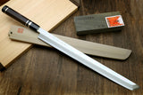 Yoshihiro Ginsanko Mirror Polished Stain Resistant Steel Maguro Bocho Tuna Knife with Triple Silver Ring Ebony Handle (Sakimaru Takobiki Style) *Blade Length 17.7"