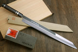 Yoshihiro Ginsanko Mirror Polished Stain Resistant Steel Maguro Bocho Tuna Knife with Triple Silver Ring Ebony Handle (Yanagi-Kiritsuke Style) *Blade Length 17.7"