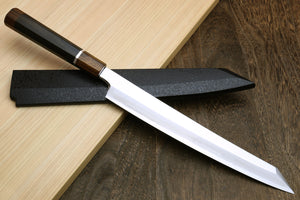 Yoshihiro Gintsuru Ginsan Stainless Steel Yanagi Kiritsuke Mirror Finished Sushi Sashimi Japanese Knife Ebony Handle with Sterling Silver Ring