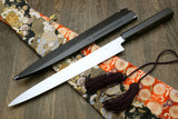 Yoshihiro Mizu Honyaki Mirror-Finished Namiukashi White Steel #2 Yanagi Sushi Sashimi Japanese Knife Ebony Handle and Saya