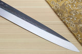 Yoshihiro Honyaki Mirror-Finished Namiukashi White Steel Yanagi Sushi Sashimi Japanese Knife with Triple Nickel Silver Ring Ebony Handle