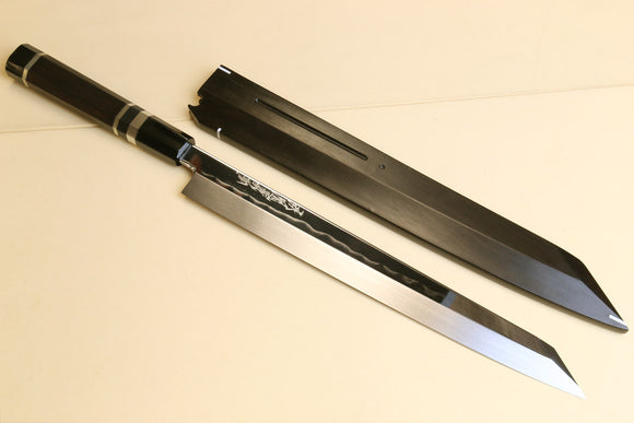Yoshihiro Mizu Honyaki Mirror-Finished Namiukashi White Steel #2 Yanagi Kiritsuke Sushi Sashimi Japanese Knife Triple Nickel Silver Ring Ebony Handle and Saya