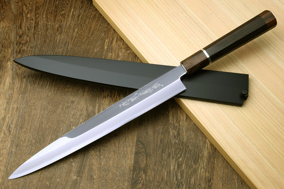Yoshihiro Left-Handed Ginsanko Mirror Polished Stain Resistant Steel Yanagi Sushi Sashimi Japanese Knife Ebony Handle with Silver Ring